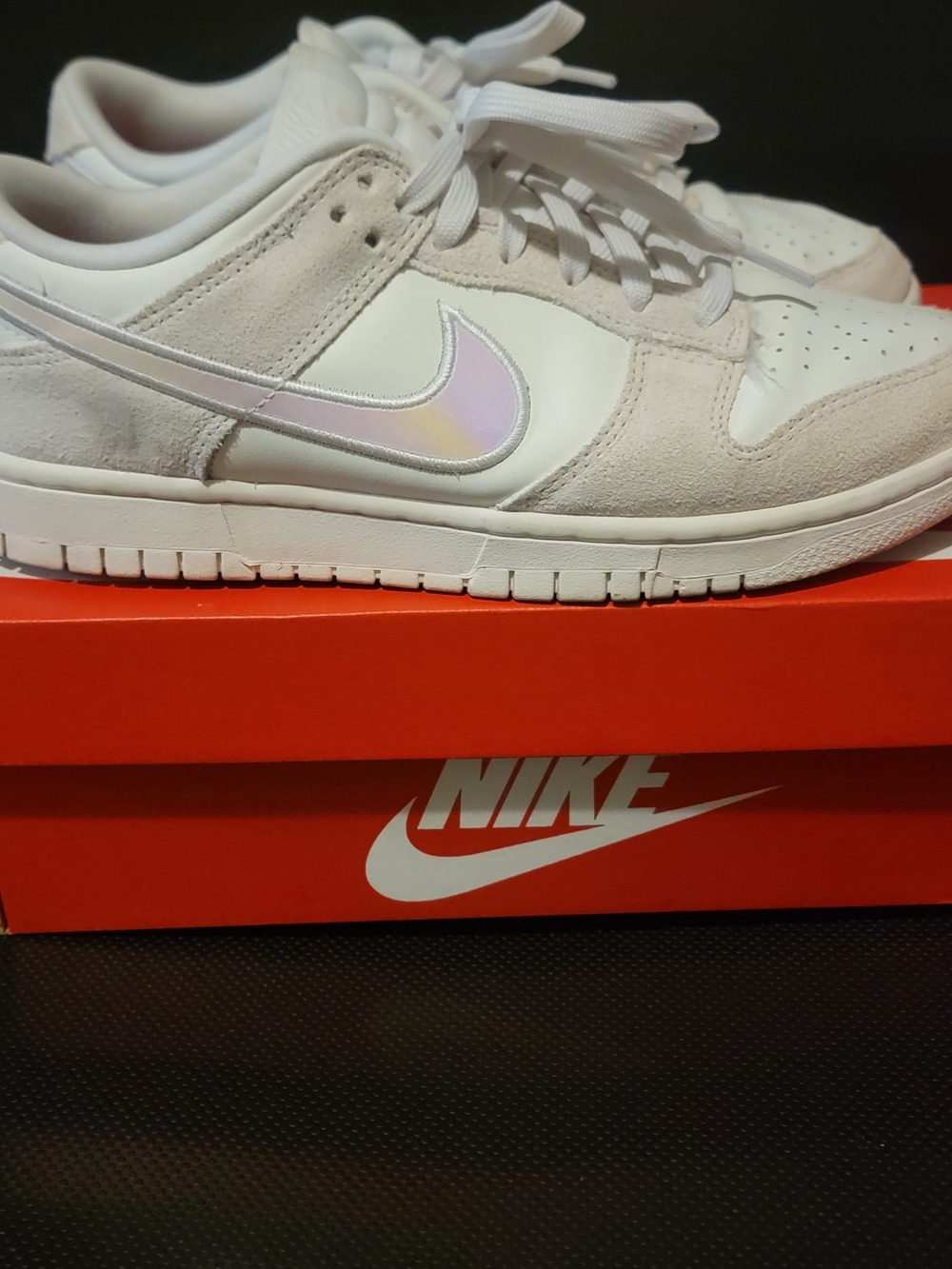 Nike Women's Low-Top Sneakers in White and Light Gray with Iridescent Swoosh